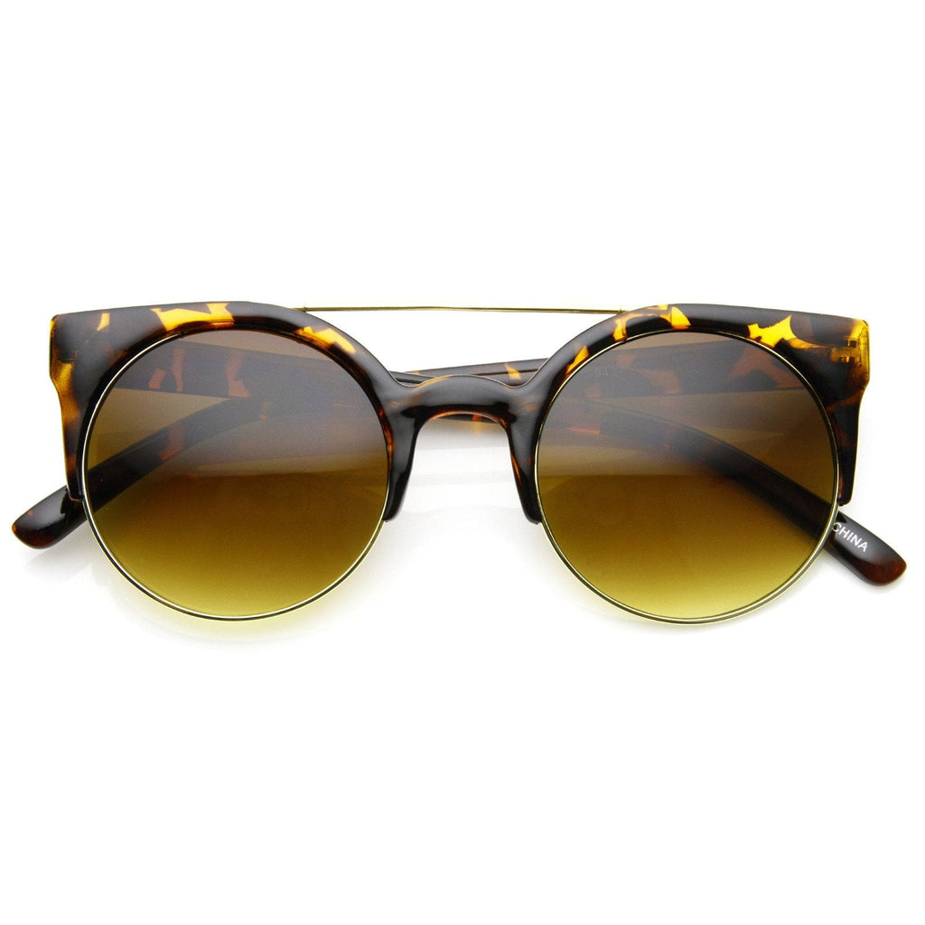 Hip Swag Double Bridge Super Round Half Frame Cat Eye Sunglasses 8921