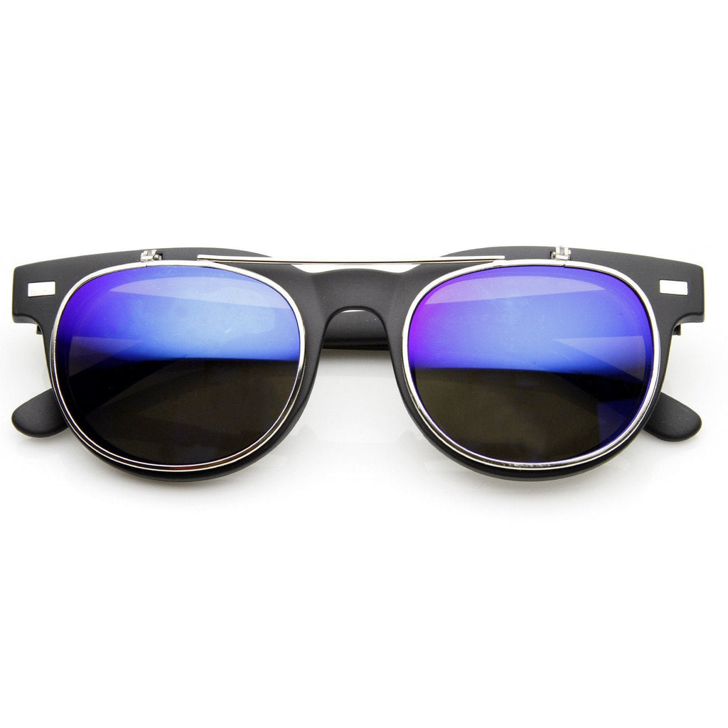 Retro Flash Mirror Flip Up Lens Horned Rim Sunglasses 9123