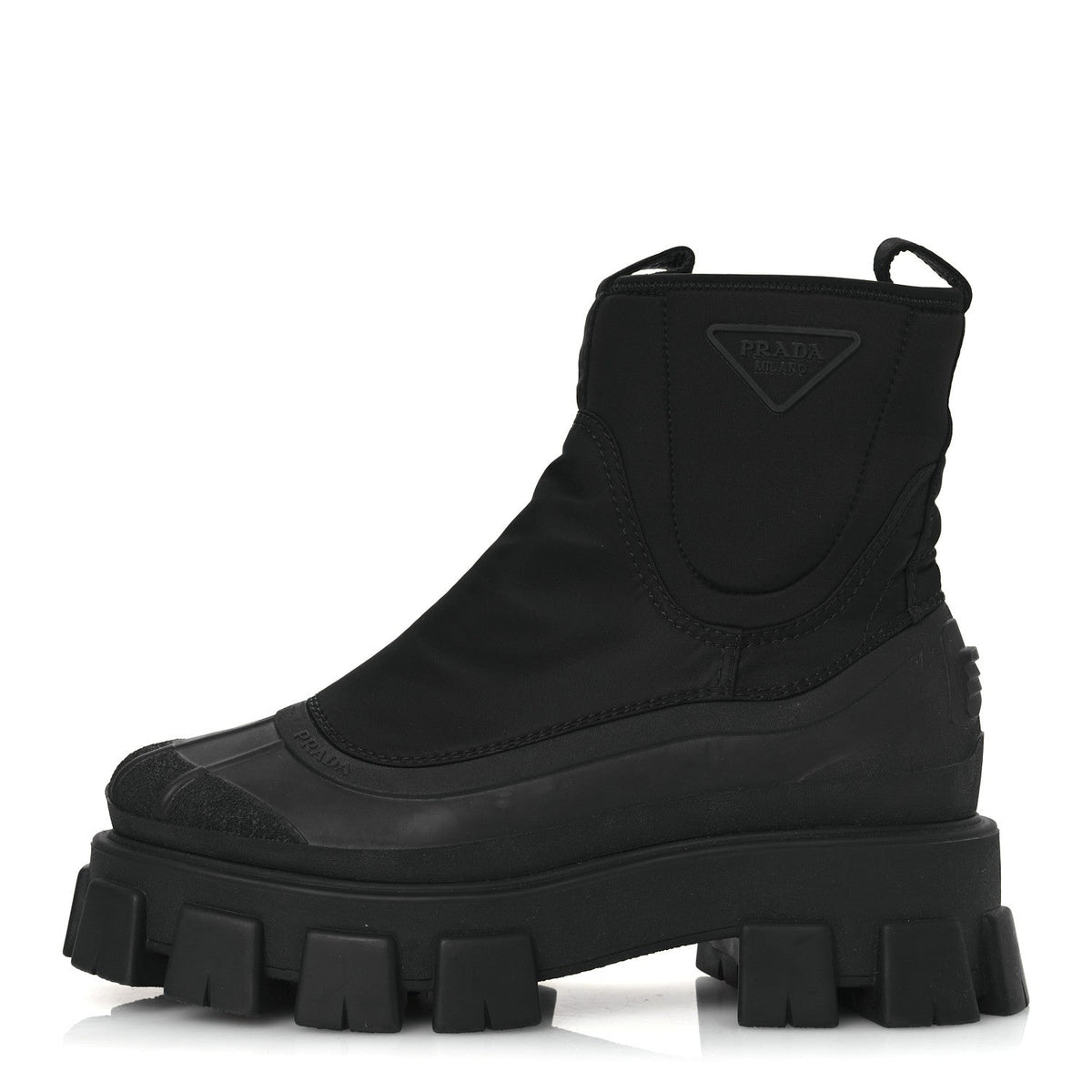 Re-Nylon Gabardine Rubber Triangle Logo Womens Monolith 55mm Ankle Boots 38 Black