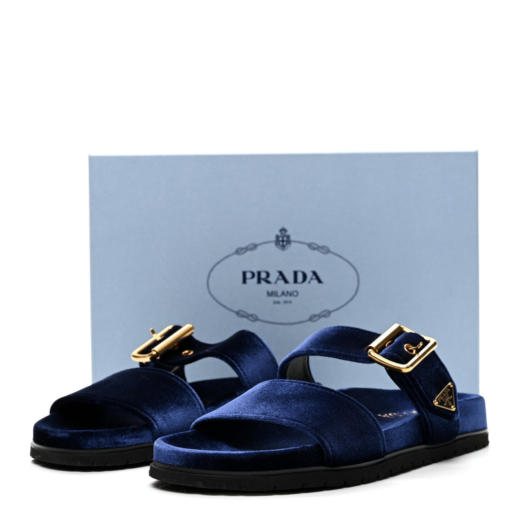 Velvet Metal Triangle Logo Womens Double Buckle 20mm Slide Sandals 39 Bleu