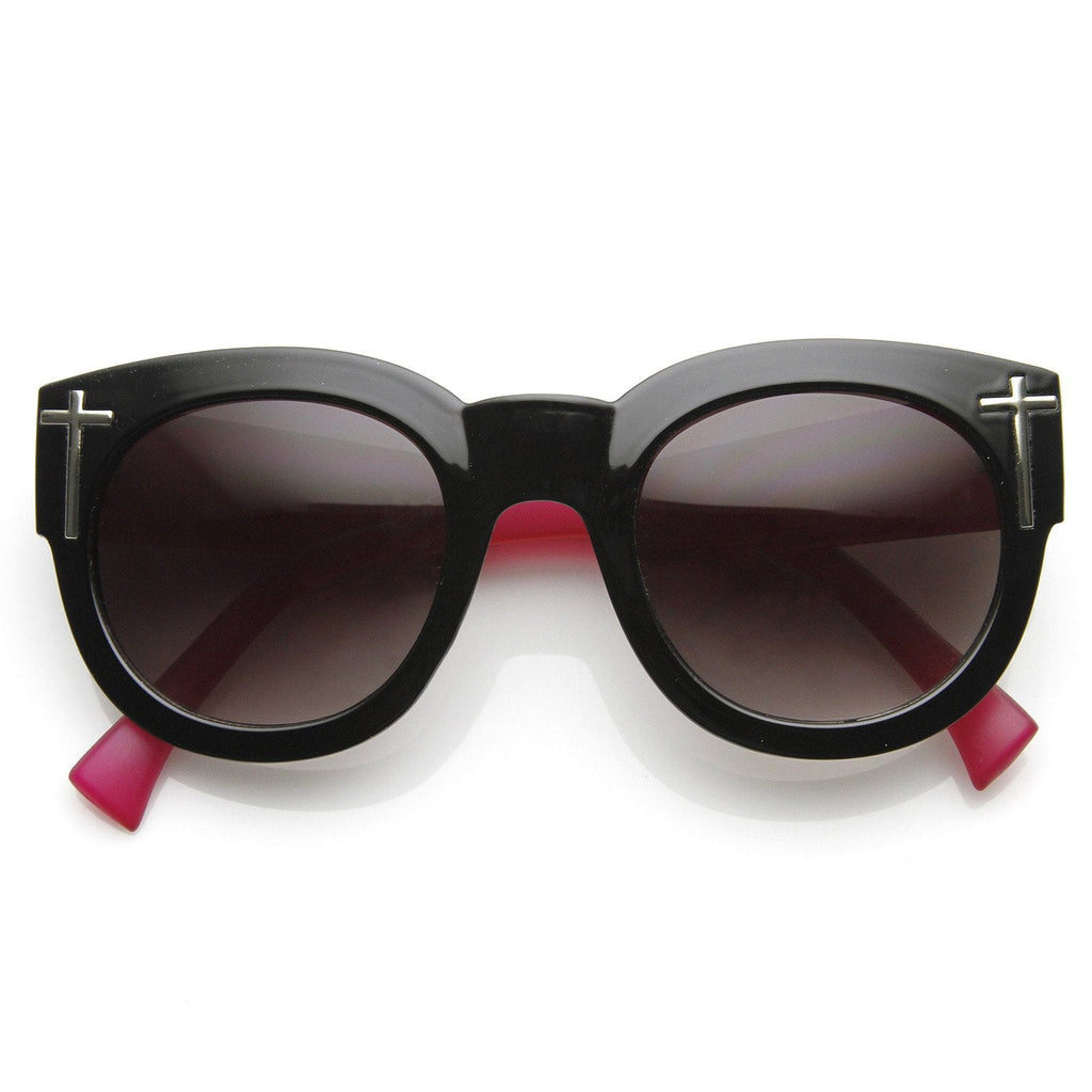 Womens Blogger Fashion Bold Oversize Cross Temple Round Sunglasses 9119