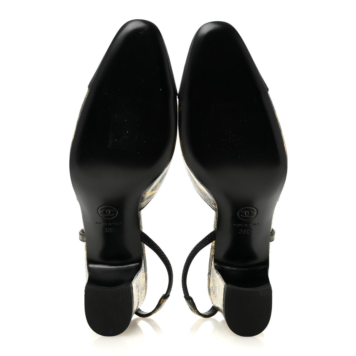 Laminated Lambskin Grosgrain Cap Toe CC Slingback Pumps 38 Gold Black