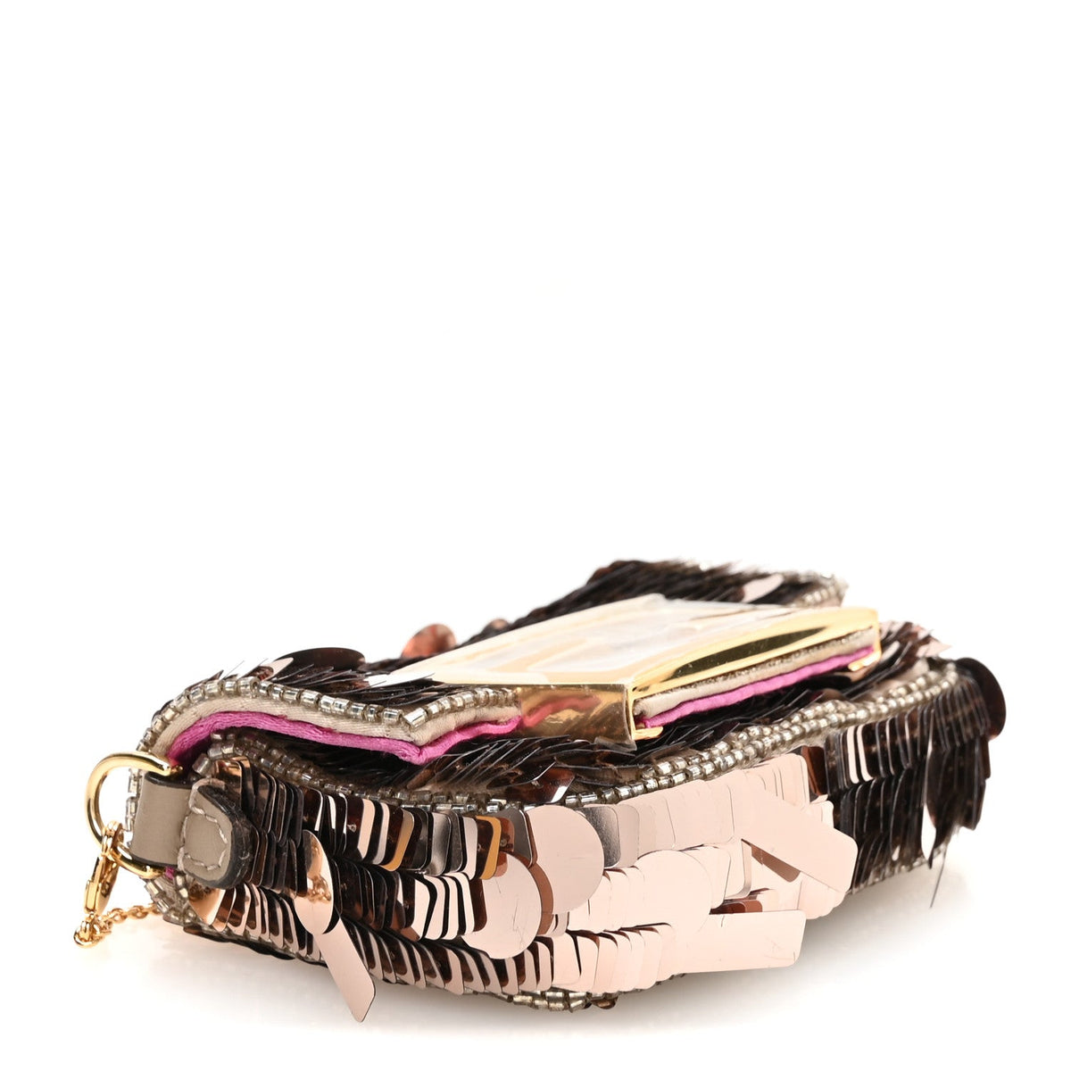 Sequin Paillettes Shiny Nappa Sex and the City Nano Maxi Buckle Baguette Charm Tortora