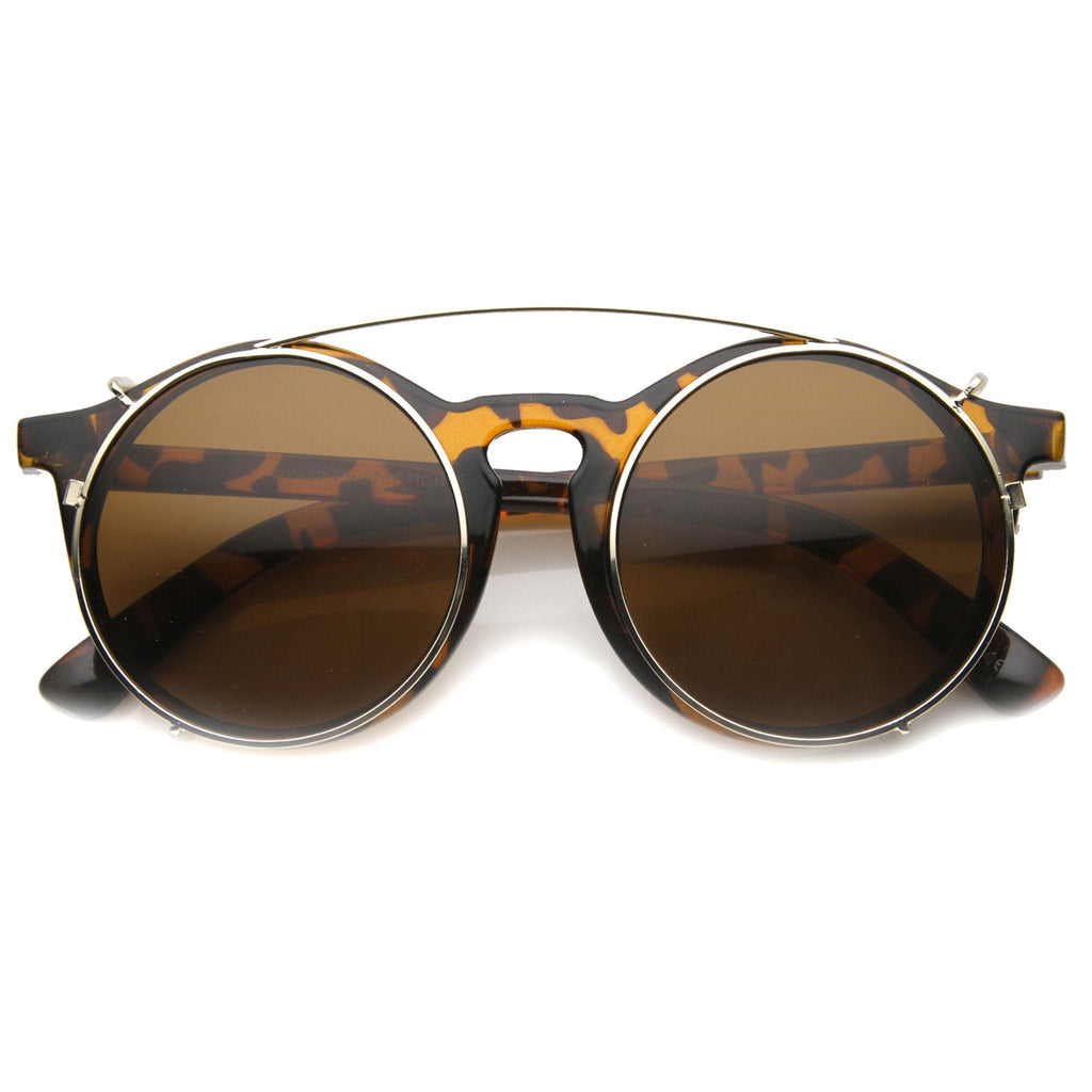 Vintage Round Horned Rim With Crossbar Clip On Sunglasses 9792