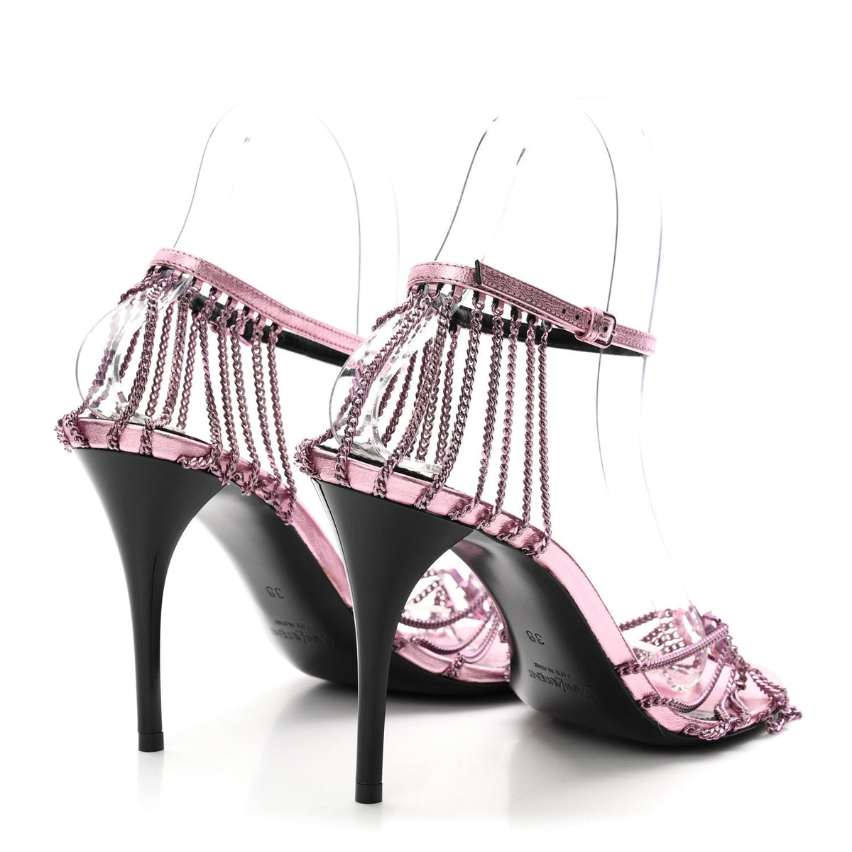 Metallic Lambskin Chain Babylone 90 Ankle Strap Sandals 38 Bubblegum