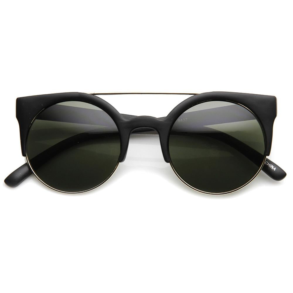 Hip Swag Double Bridge Super Round Half Frame Cat Eye Sunglasses 8921