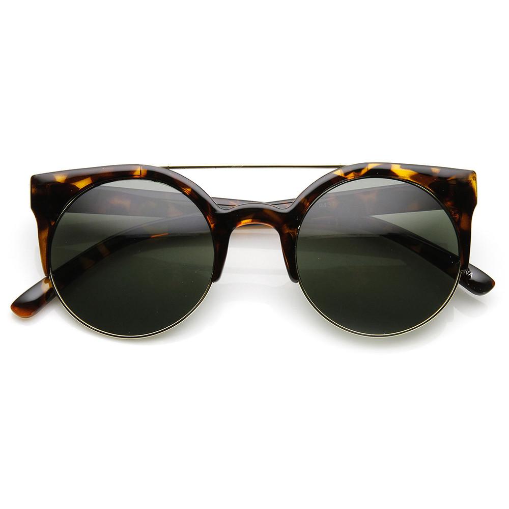 Hip Swag Double Bridge Super Round Half Frame Cat Eye Sunglasses 8921