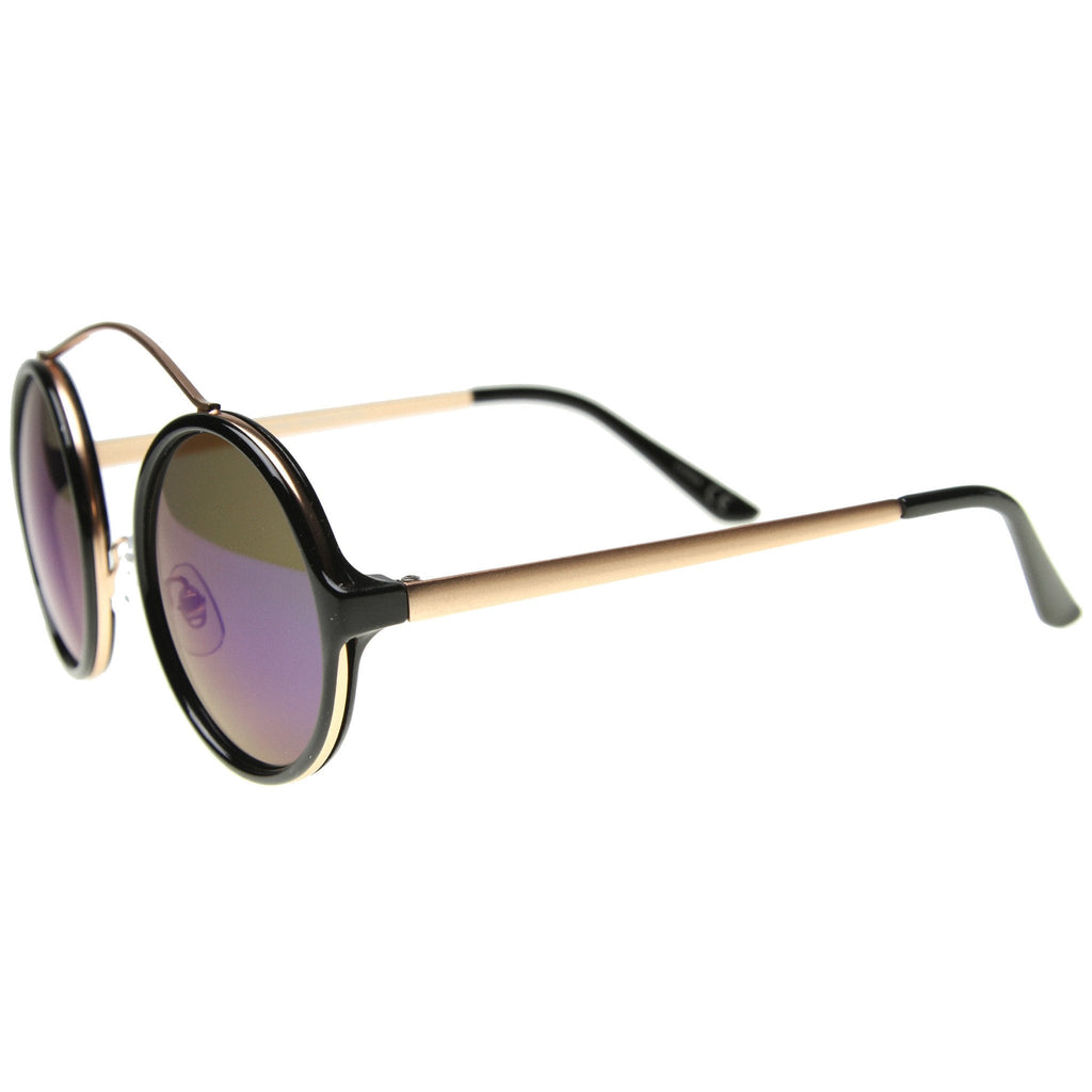 Retro High Cross Bar Mirror Lens Round Sunglasses 9842