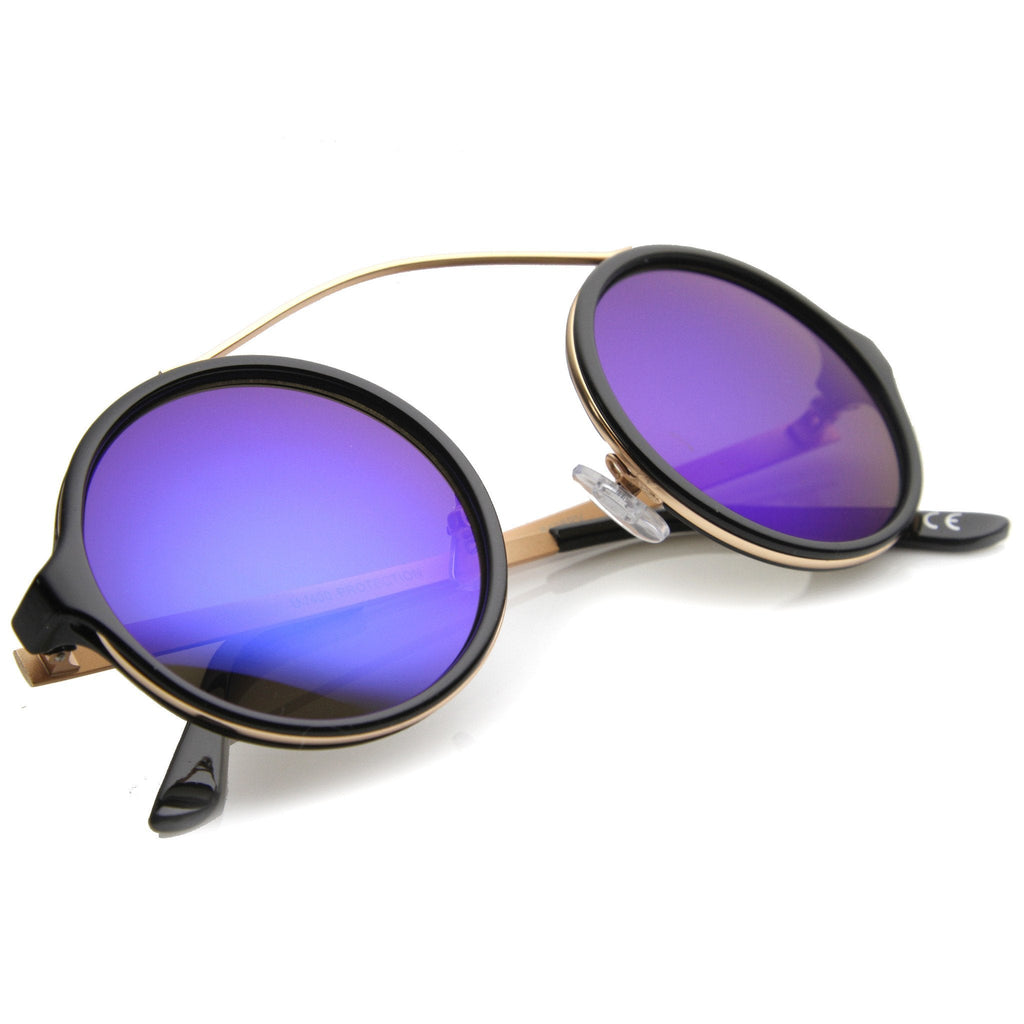 Retro High Cross Bar Mirror Lens Round Sunglasses 9842