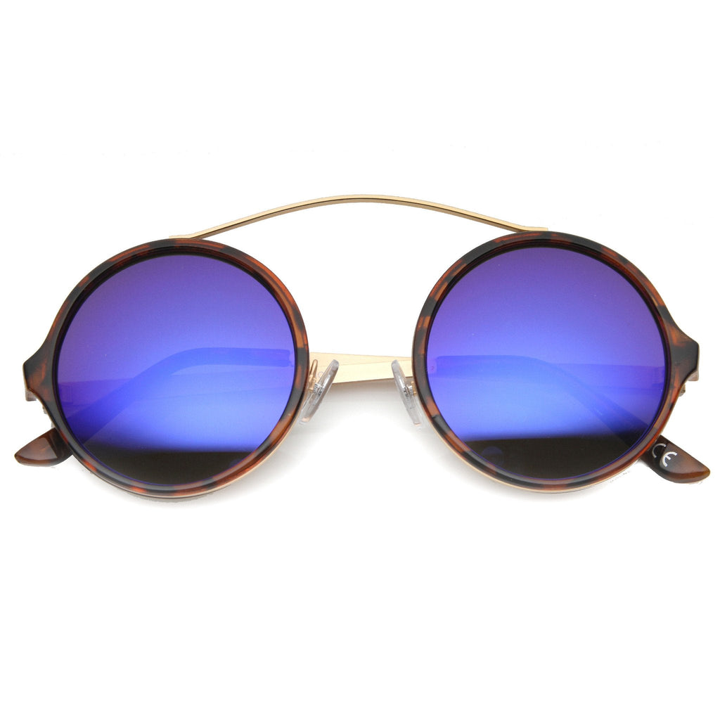 Retro High Cross Bar Mirror Lens Round Sunglasses 9842
