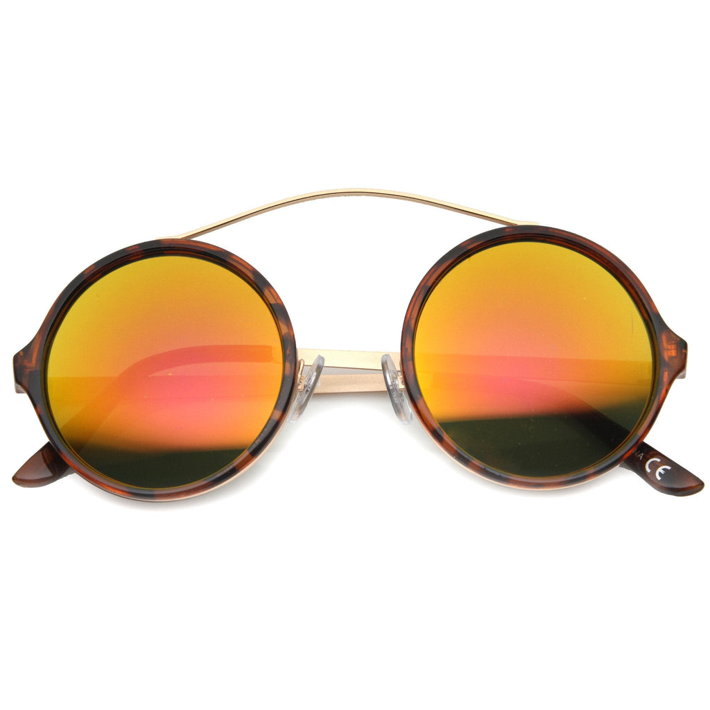 Retro High Cross Bar Mirror Lens Round Sunglasses 9842