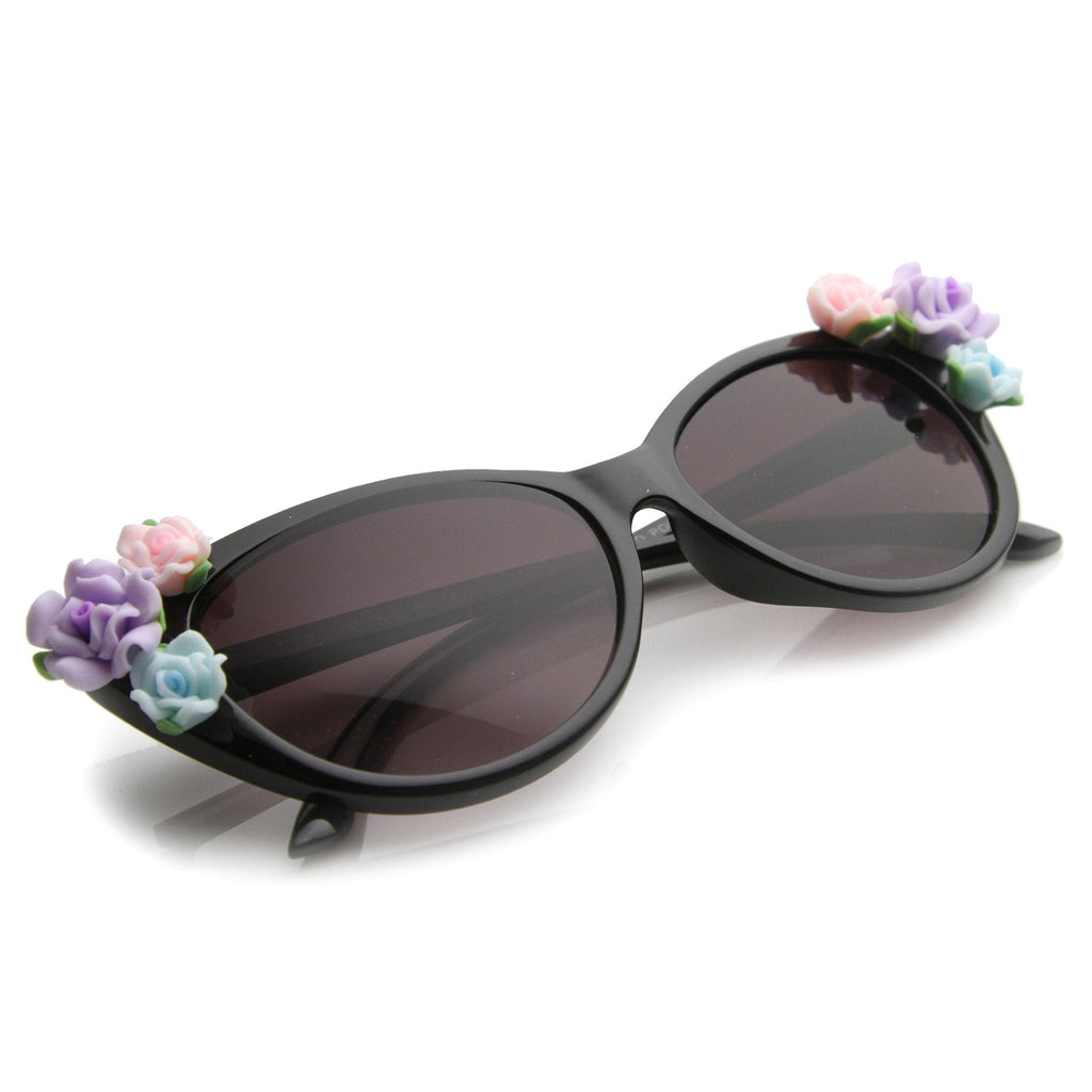 Lovely Women's Ceramic Flower Adorned Cat Eye Sunglasses 9808