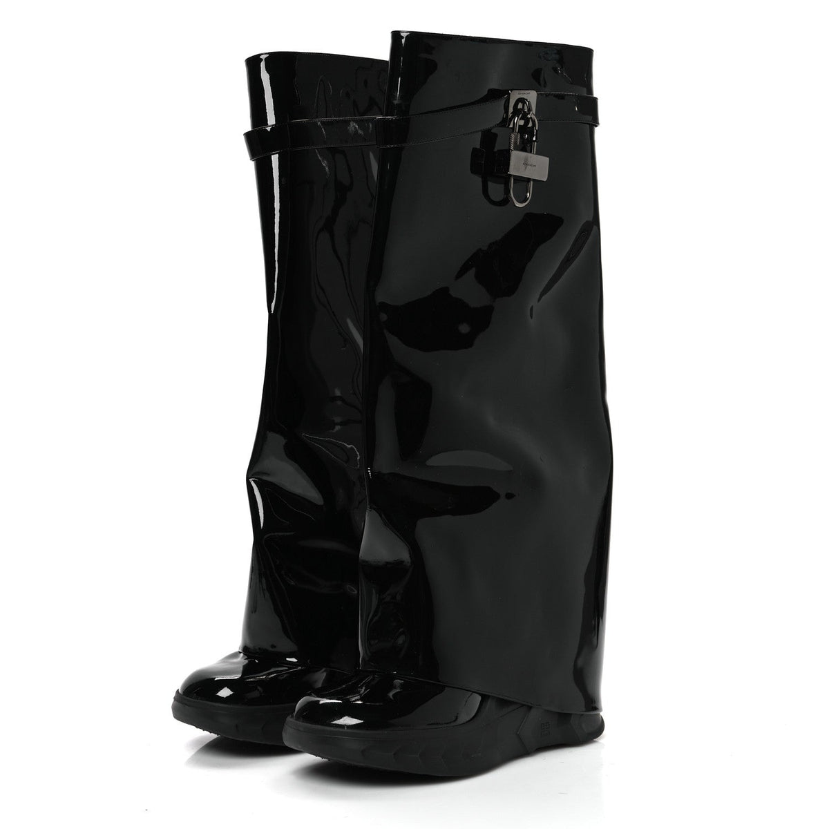 Patent Shark Lock Biker Knee Boots 39 Black