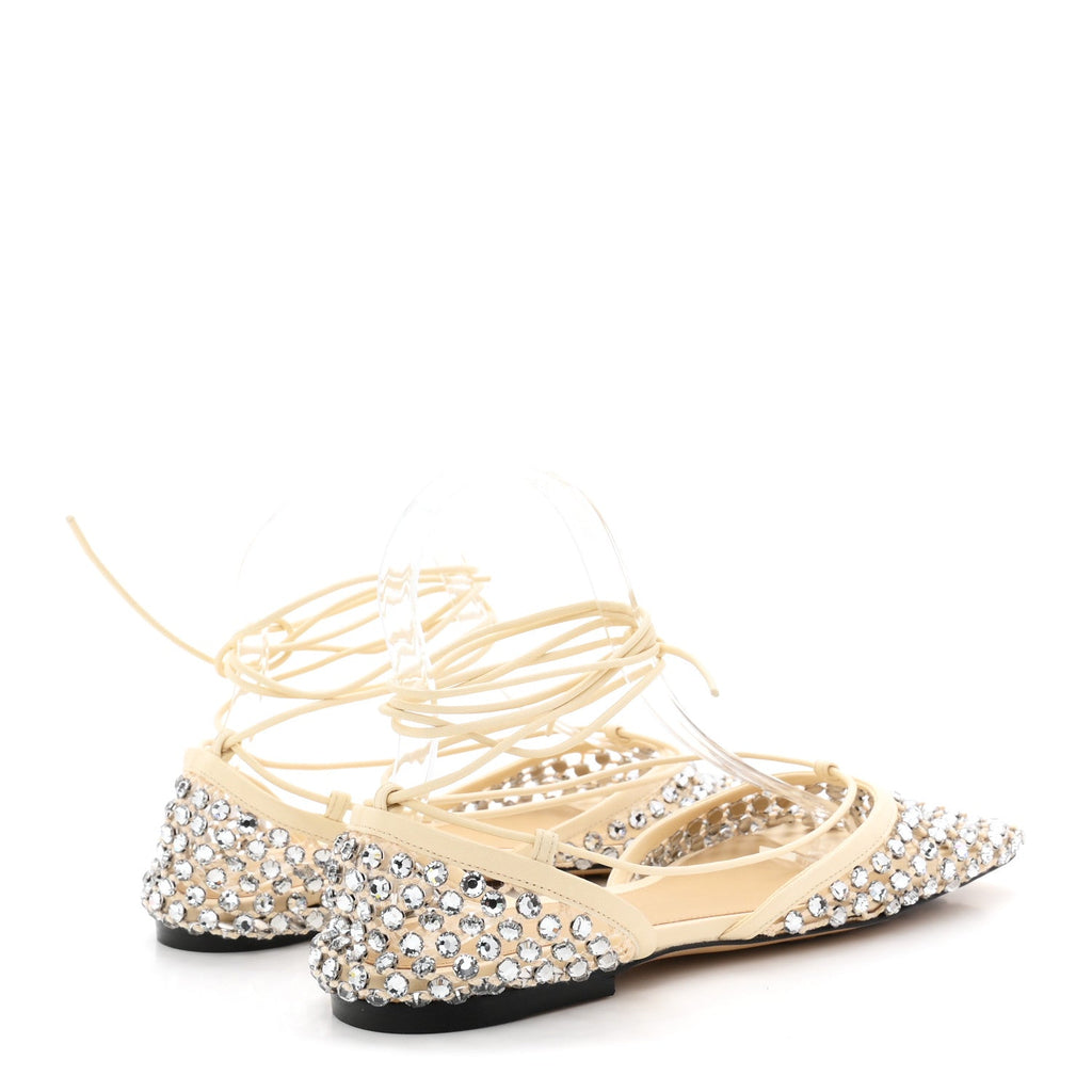 Mesh Nappa Crystal Embellished Sparkle Stretch Ankle Tie Flats 38 Black