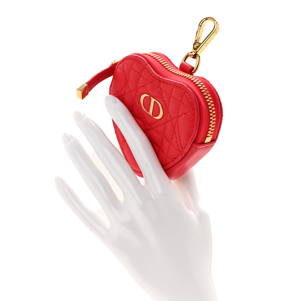 Lambskin Cannage Dioramour Caro Heart Coin Purse Bag Charm Red