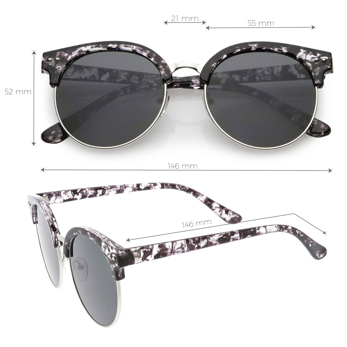 Women's Round Horned Rim Flat Mirrored Len Sunglasses C839