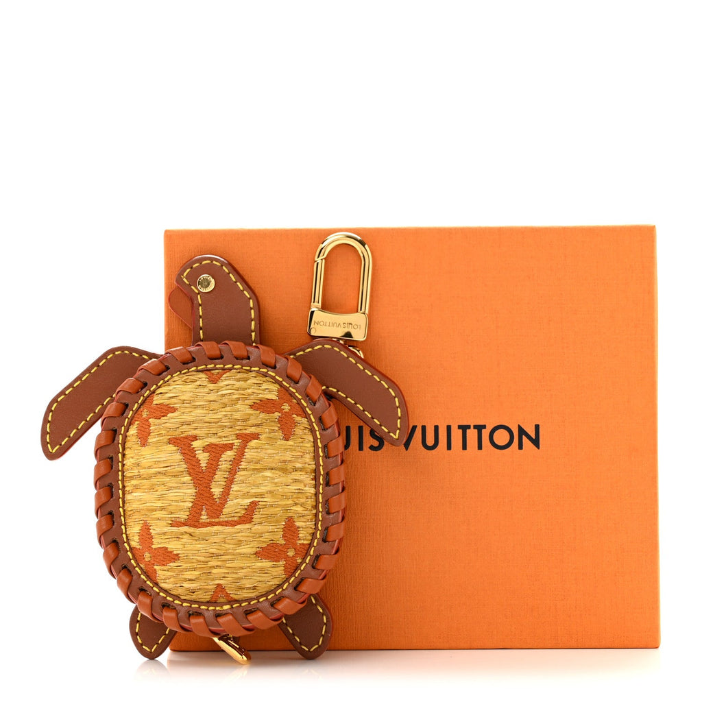 Raffia Calfskin Monogram LV Turtle Pouch Bag Charm Brown