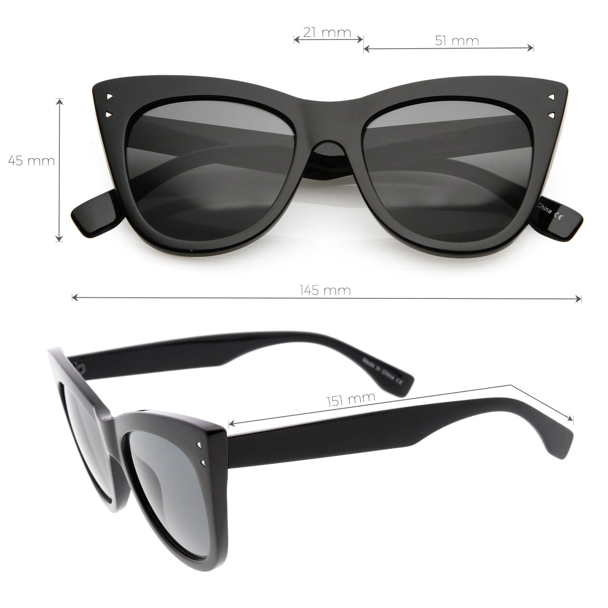 Women's Oversize Wide High Tip Rivets Cat Eye Sunglasses C851