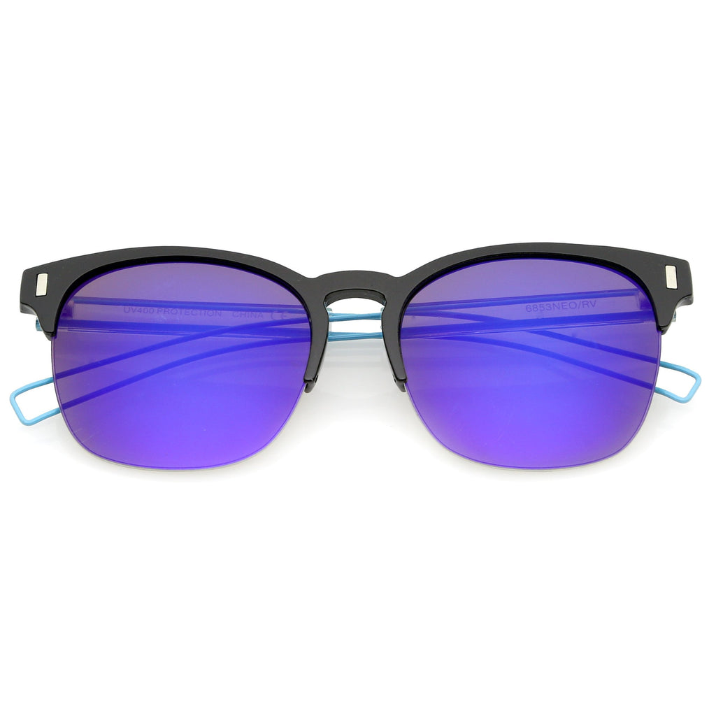 Retro Modern Wire Temple Half Frame Mirrored Flat Lens Sunglasses A777