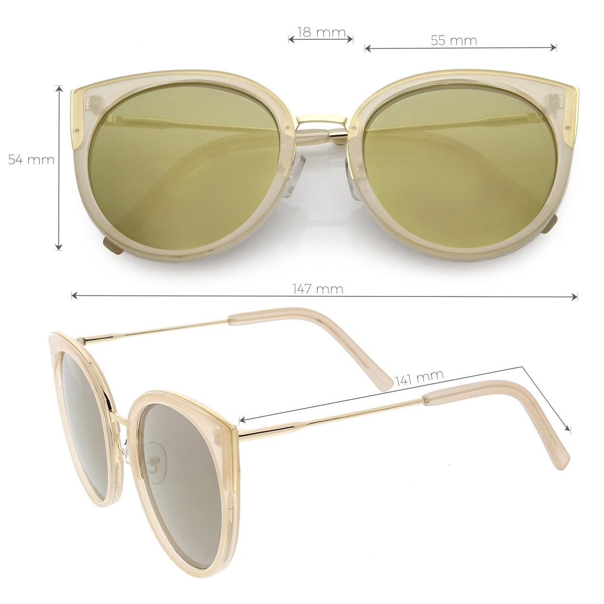 Women's Oversize Round Flat Mirrored Lens Cat Eye Sunglasses C841