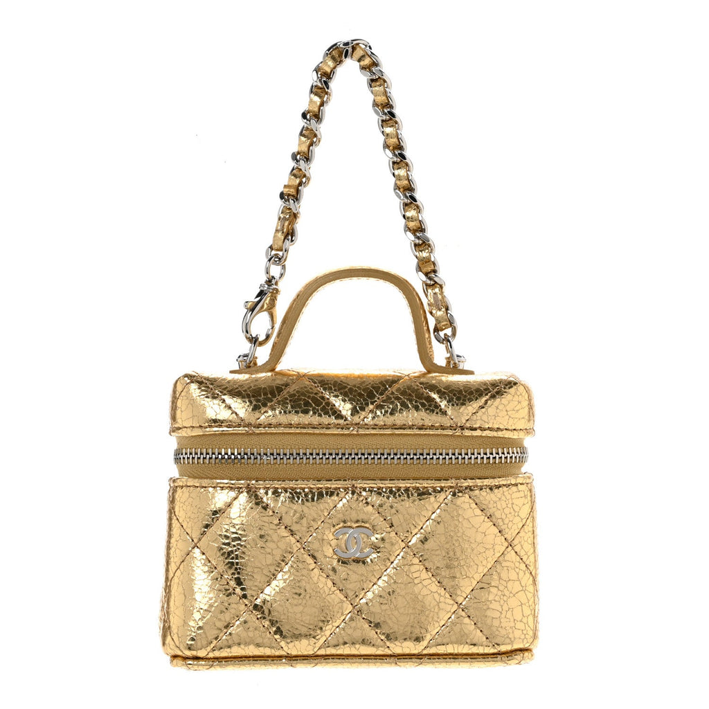 Metallic Calfskin Quilted Mini Vanity Bag Charm With Hook Gold