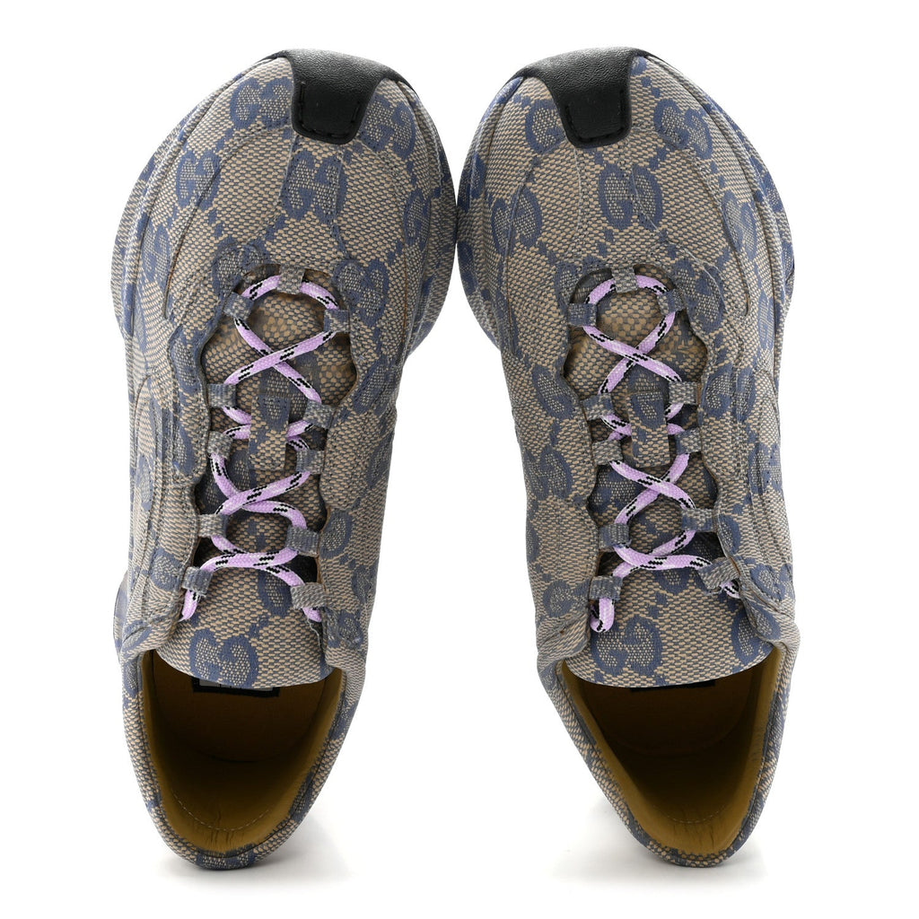 Ultralight Plume Calfskin Monogram Printed Womens Gucci Run Sneakers 37.5 Beige Blue