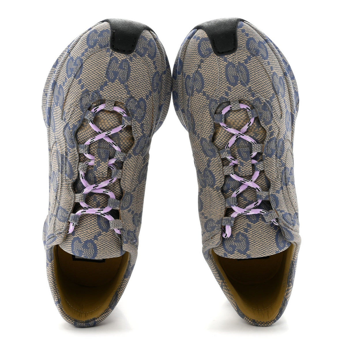 Ultralight Plume Calfskin Monogram Printed Womens Gucci Run Sneakers 37.5 Beige Blue