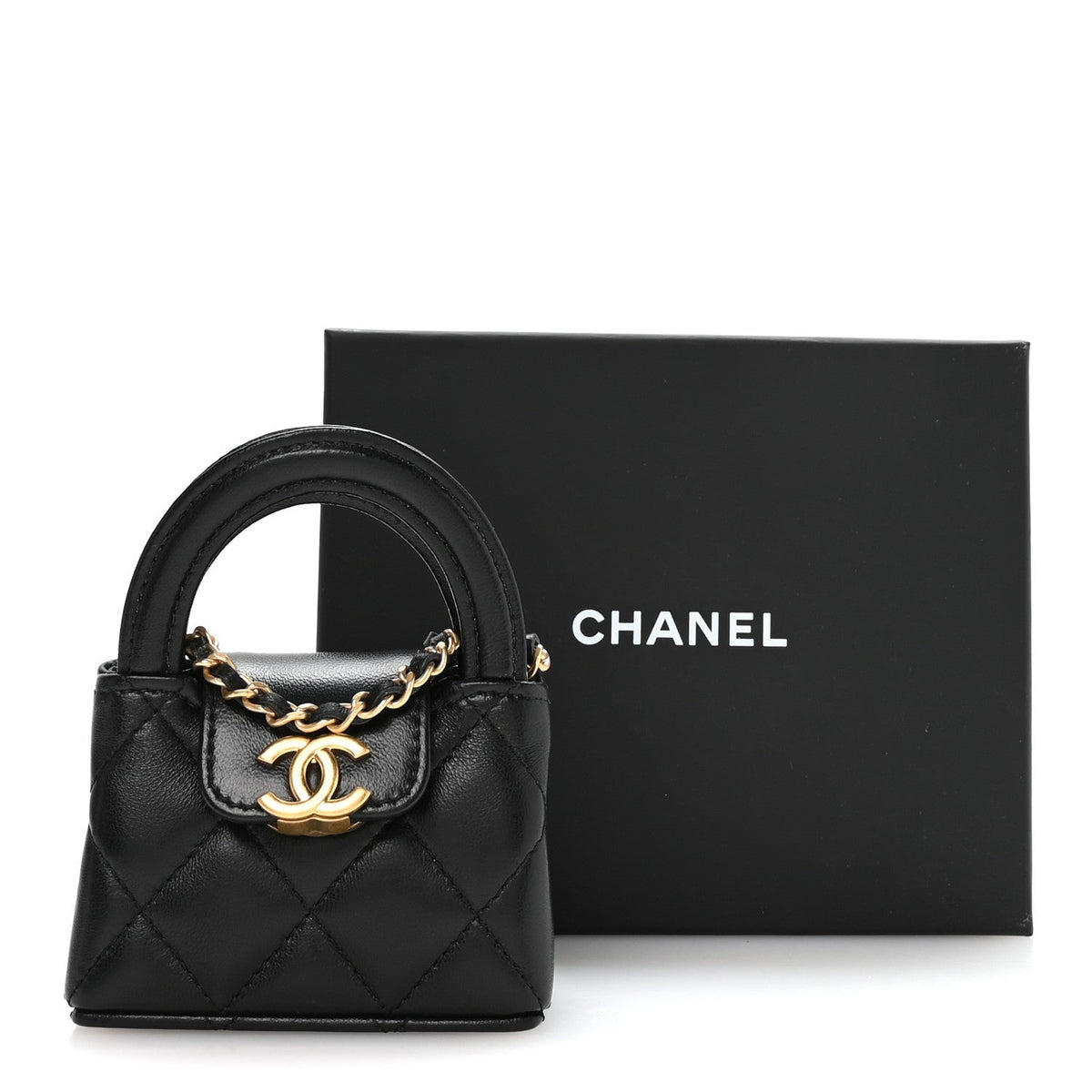 Shiny Lambskin Quilted Mini Kelly Bag Charm Black