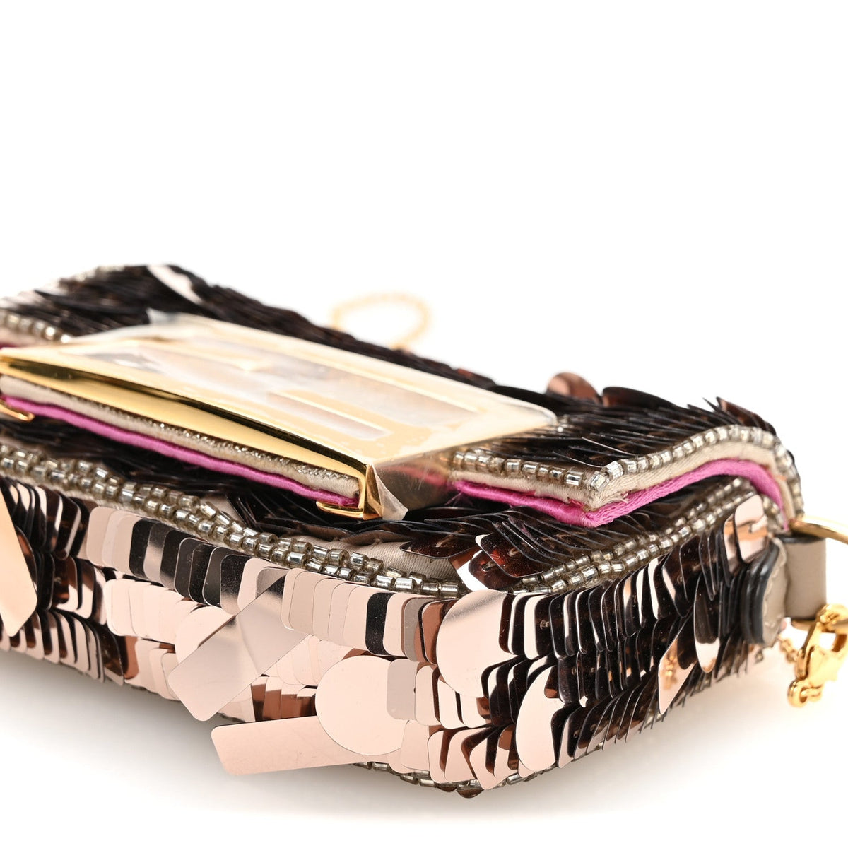 Sequin Paillettes Shiny Nappa Sex and the City Nano Maxi Buckle Baguette Charm Tortora