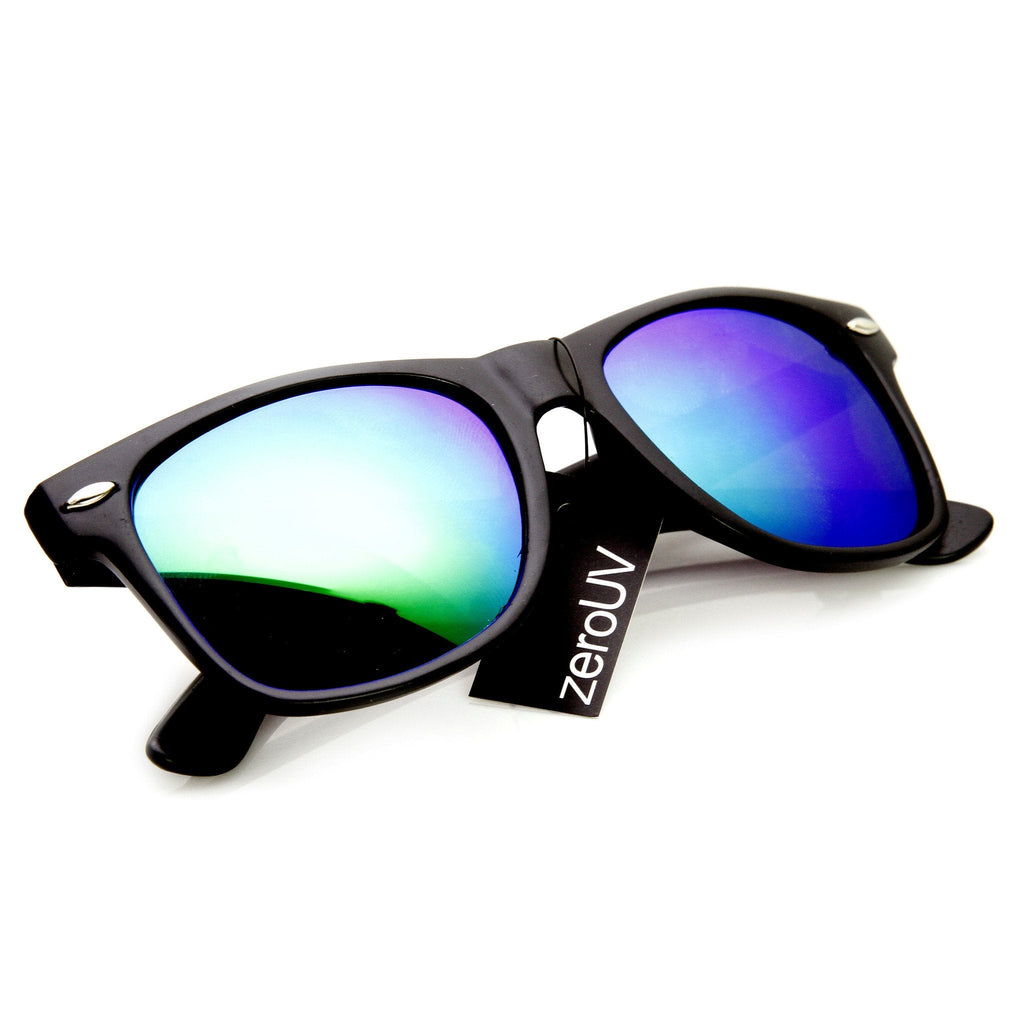 Retro Matte Black Flash Mirrored Lens Horned Rim Sunglasses