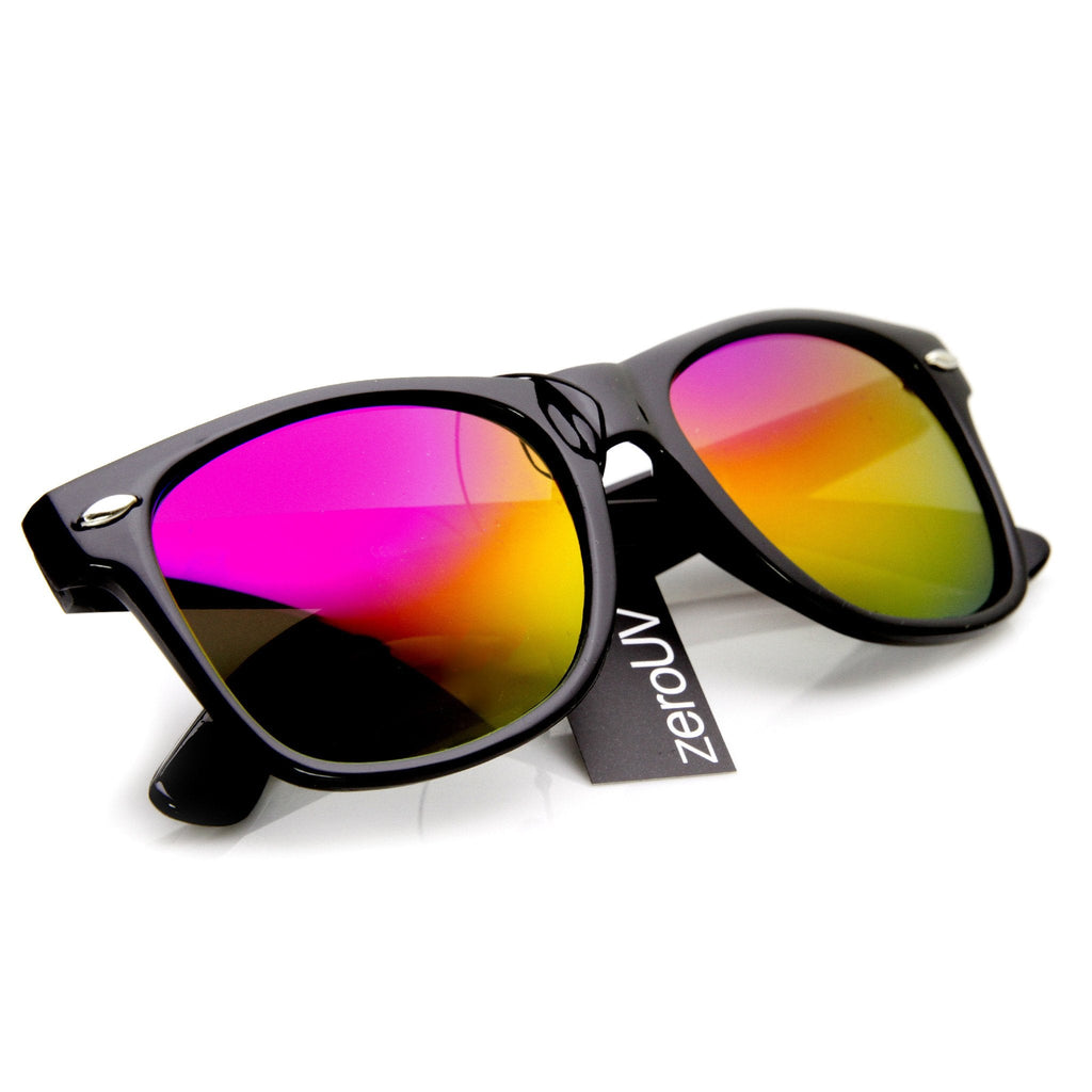 Retro Matte Black Flash Mirrored Lens Horned Rim Sunglasses
