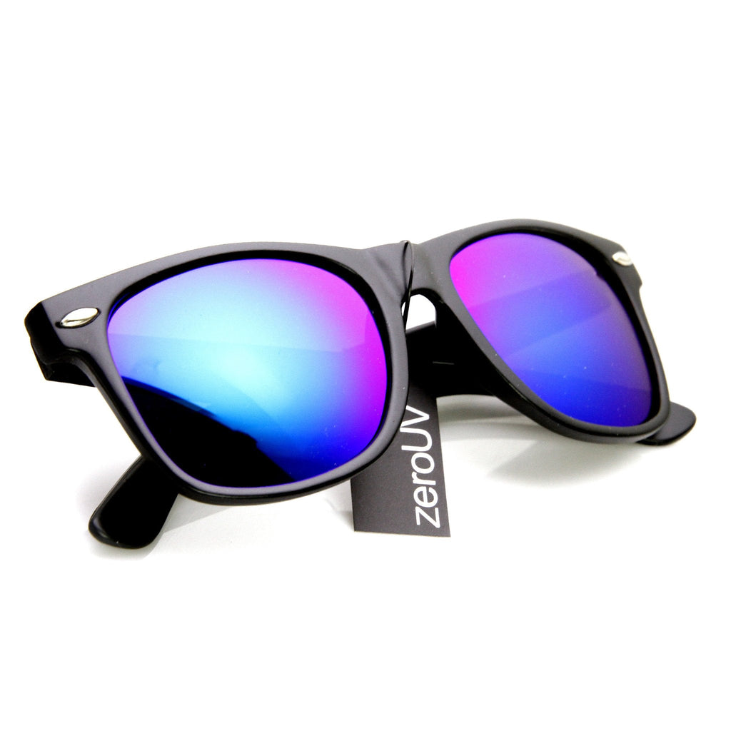 Retro Matte Black Flash Mirrored Lens Horned Rim Sunglasses