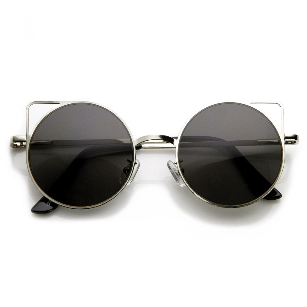 Women's Thin Laser Cut Metal Circle Cat Eye Sunglasses