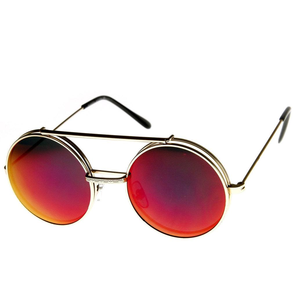 Retro Round Steampunk Mirrored Lens Flip Up Sunglasses