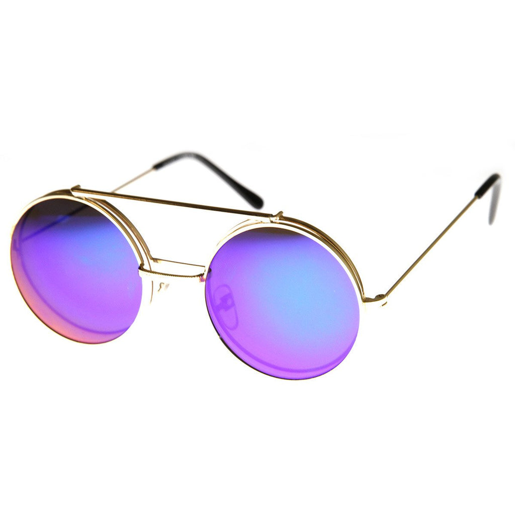 Retro Round Steampunk Mirrored Lens Flip Up Sunglasses