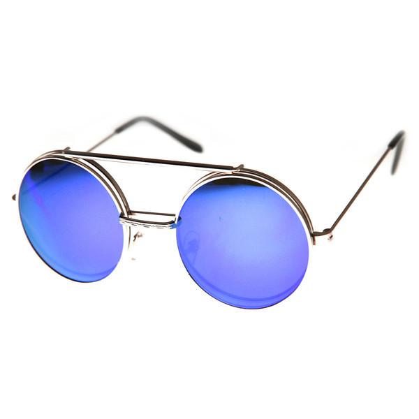 Retro Round Steampunk Mirrored Lens Flip Up Sunglasses