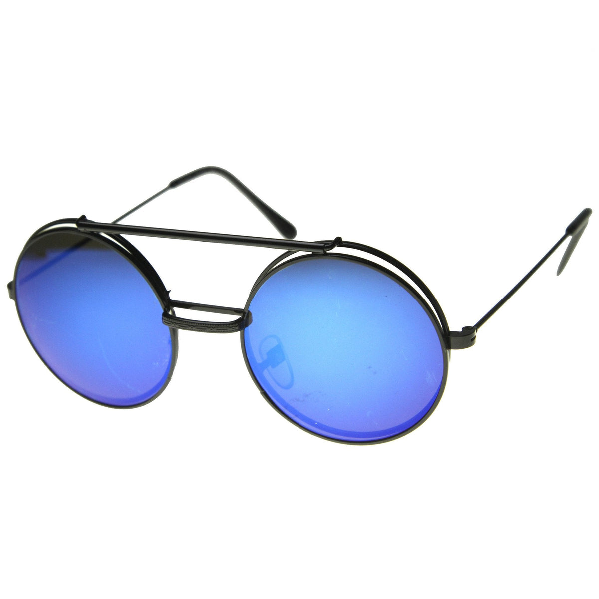 Retro Round Steampunk Mirrored Lens Flip Up Sunglasses