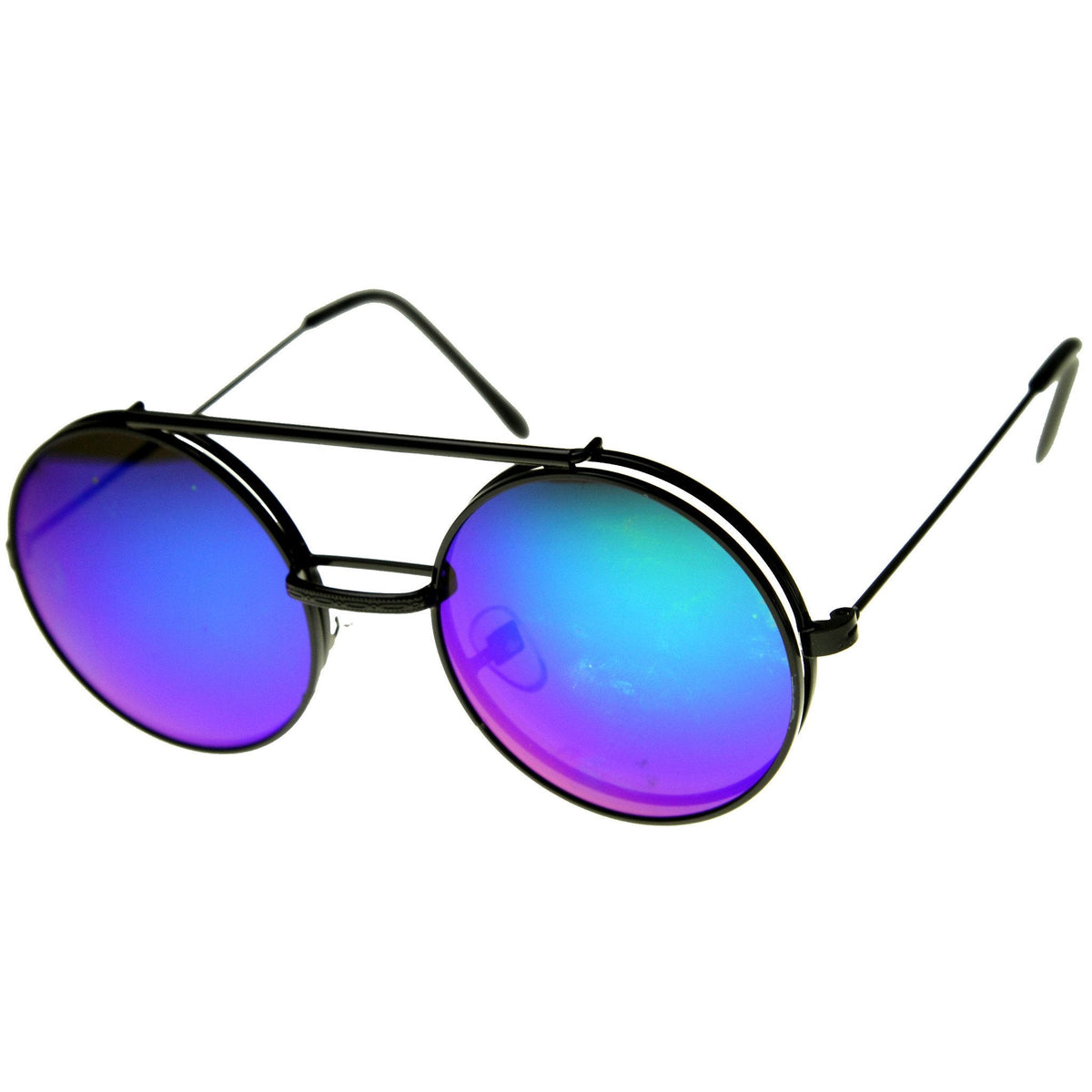 Retro Round Steampunk Mirrored Lens Flip Up Sunglasses