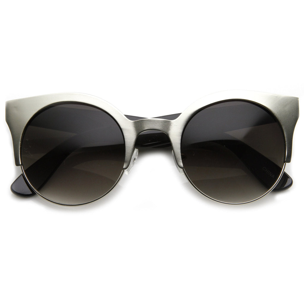 Trendy Full Metal Half Frame Cat Eye Round Sunglasses