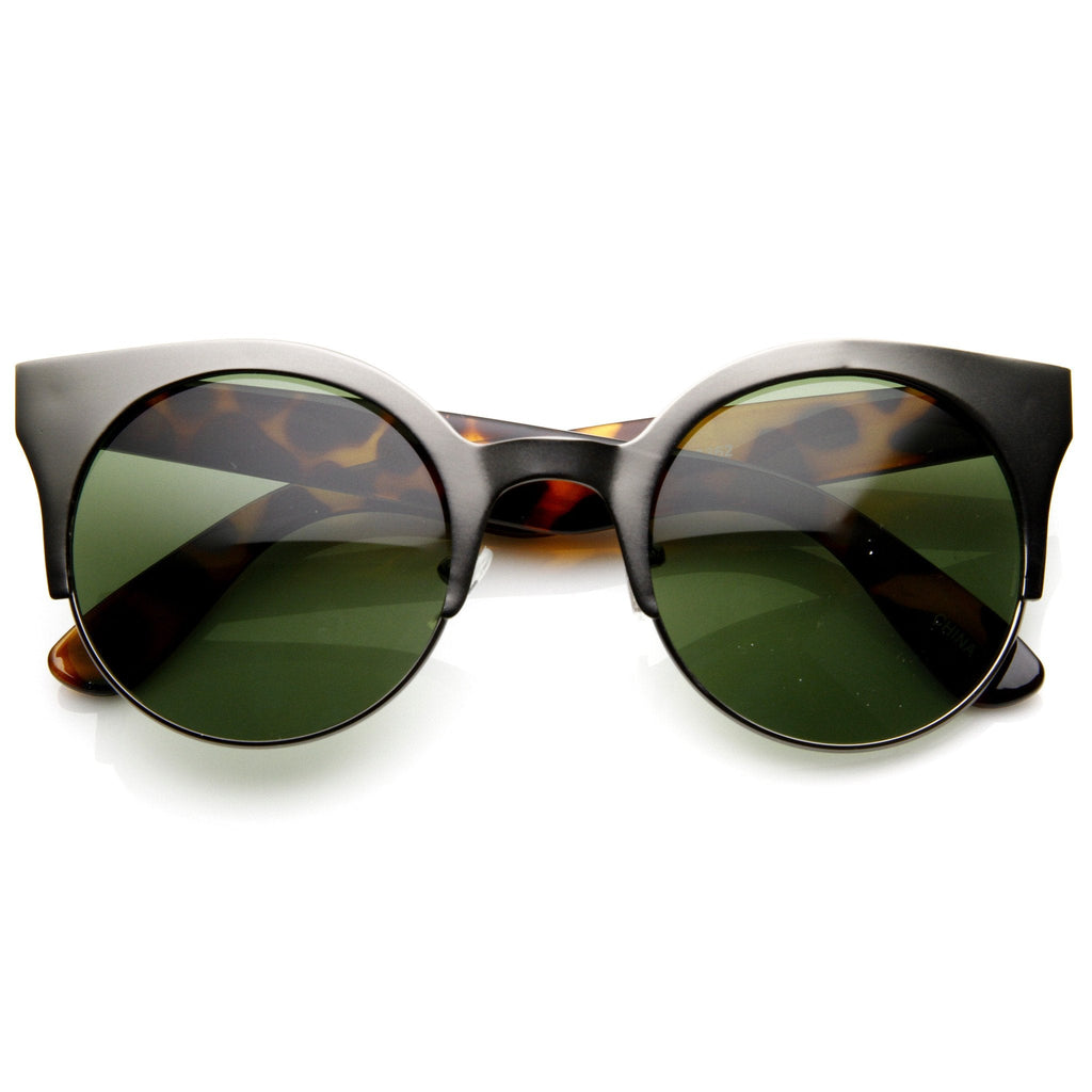 Trendy Full Metal Half Frame Cat Eye Round Sunglasses