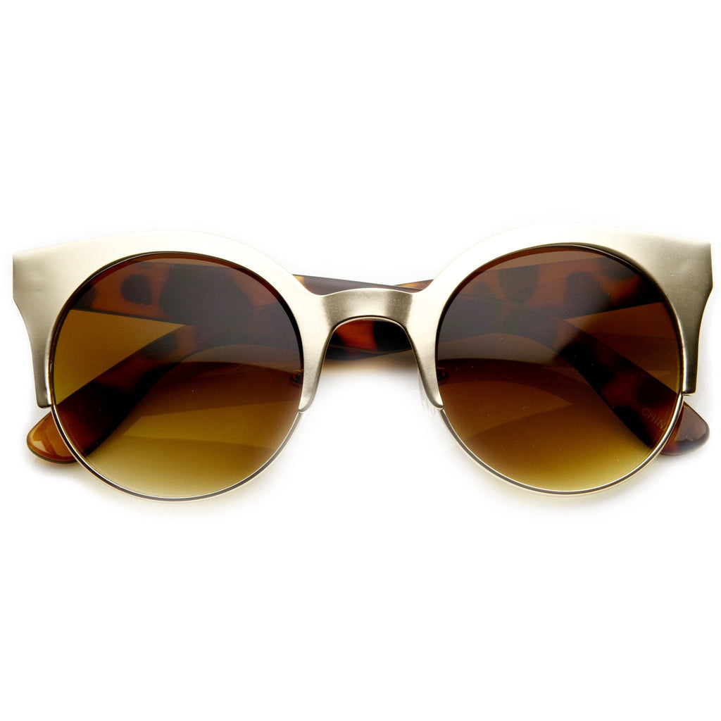 Trendy Full Metal Half Frame Cat Eye Round Sunglasses