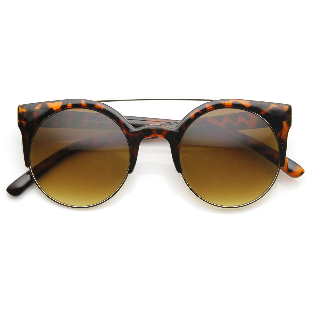 Retro Circle Cat Eye Super Half Frame Flat Bar Sunglasses