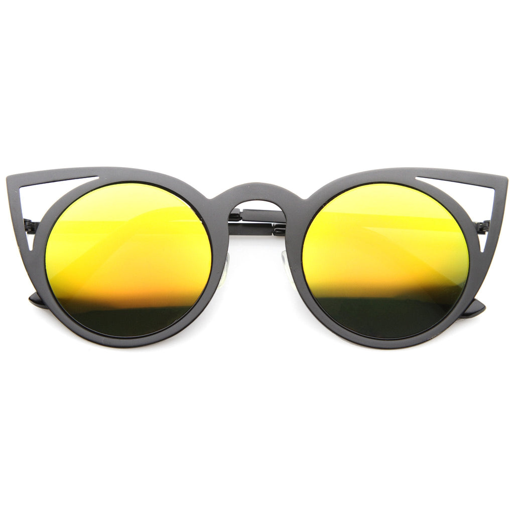 Women's Laser Cut Round Metal Mirrored Lens Sunglasses