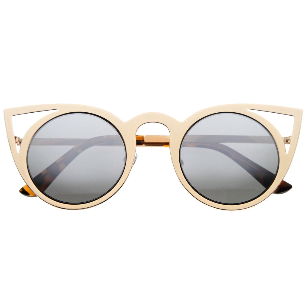 Women's Laser Cut Round Metal Mirrored Lens Sunglasses