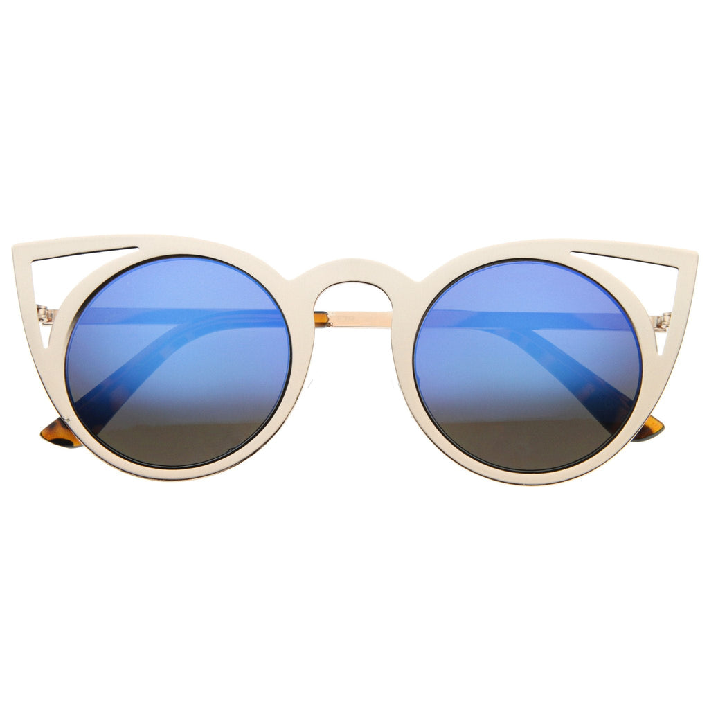 Women's Laser Cut Round Metal Mirrored Lens Sunglasses