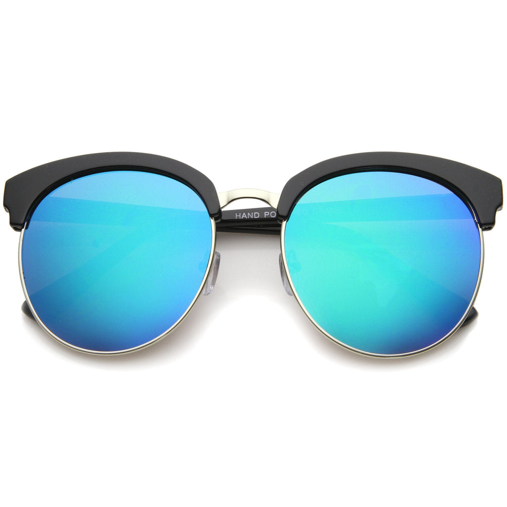 Oversize Round Horned Rim Half Frame Mirror Lens Sunglasses