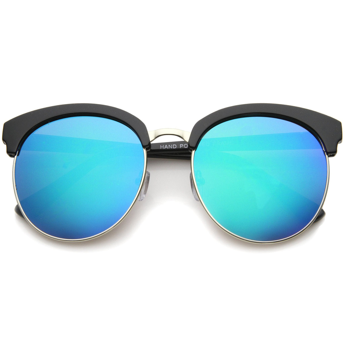 Oversize Round Horned Rim Half Frame Mirror Lens Sunglasses