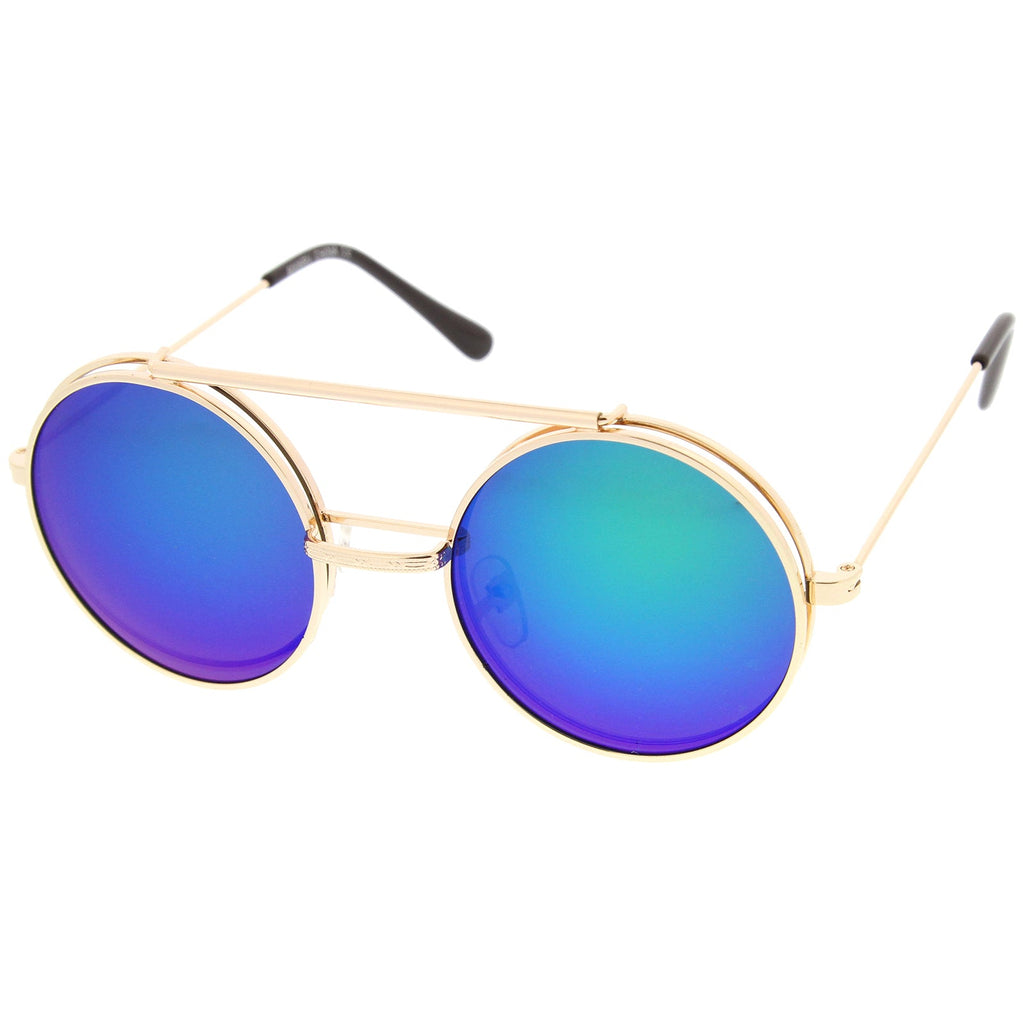 Retro Round Steampunk Mirrored Lens Flip Up Sunglasses