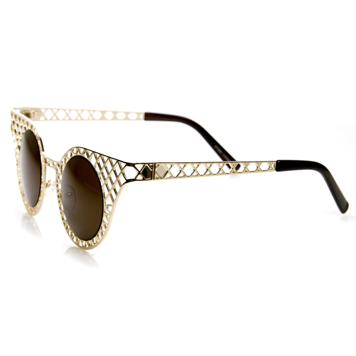 Women's Indie Round Cat Eye Laser Cut Metal Sunglasses 9315