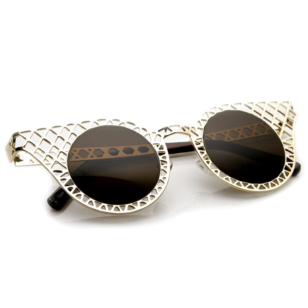 Women's Indie Round Cat Eye Laser Cut Metal Sunglasses 9315